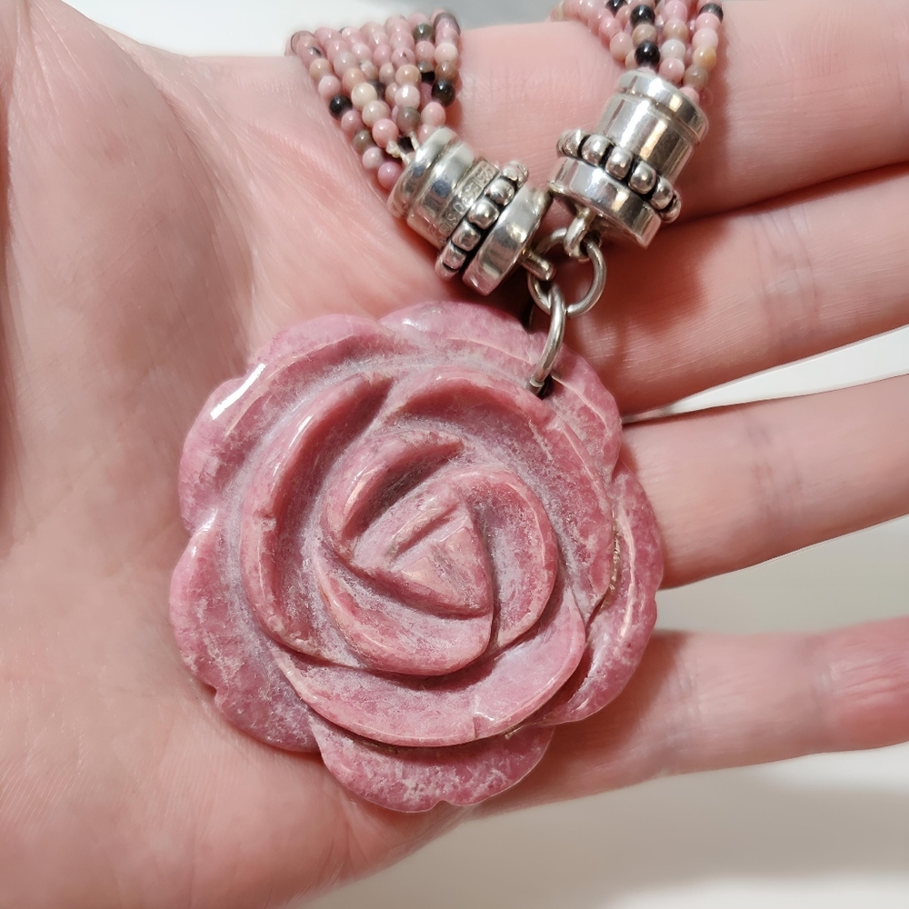 ESPO Multi Strand Rhodonite Sterling Silver Carved Rose Pendant Necklace - Picture 9 of 11